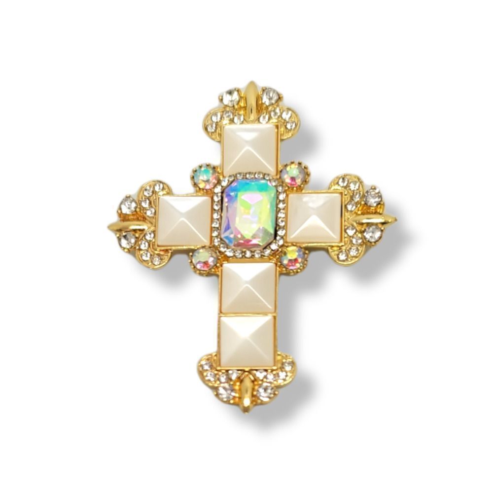 Elegant Goldtone Square and Round Crystal Cross Brooch